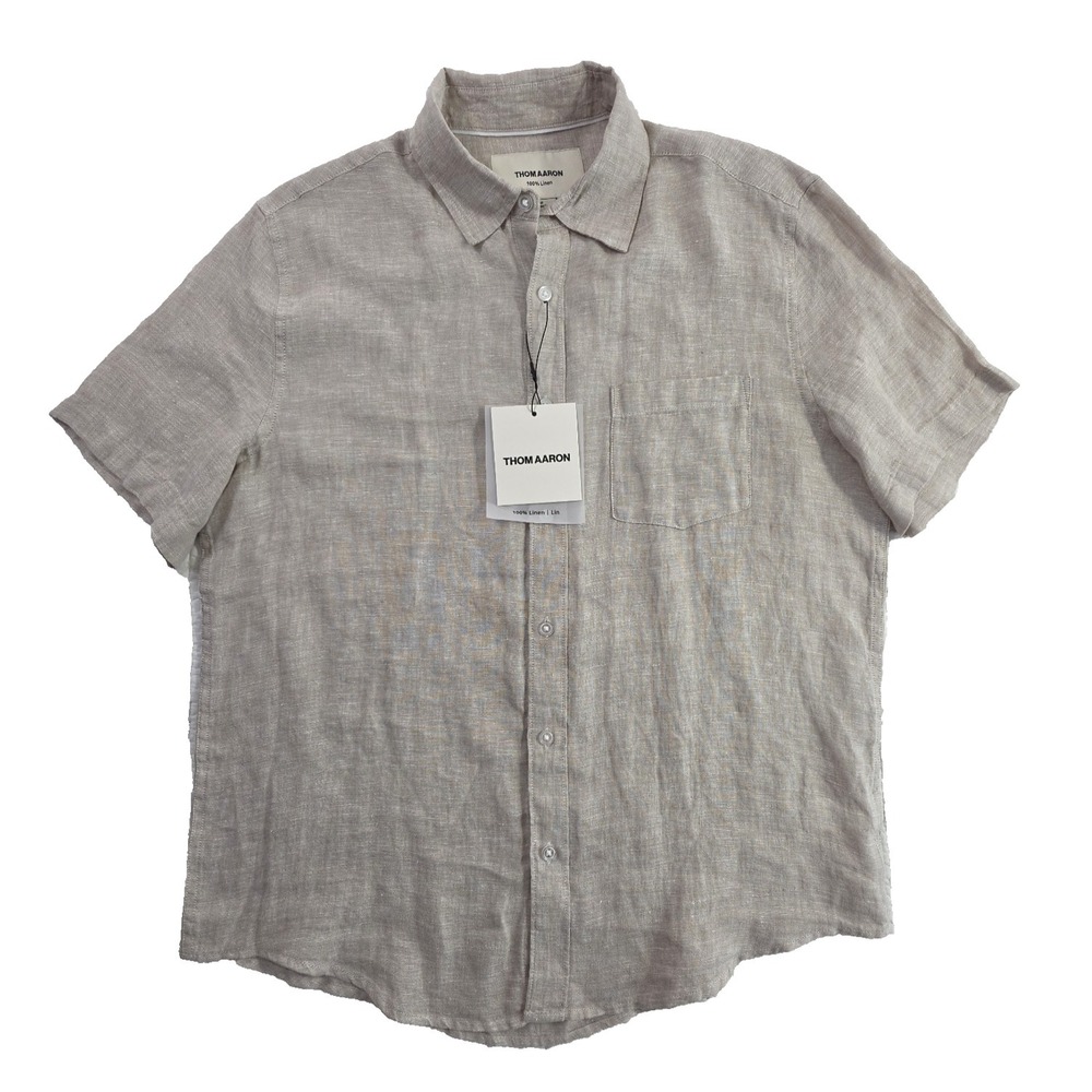 Thom Aaron Men M Camp Shirt All Linen Short Sleeve Button Down Natural Brown NEW